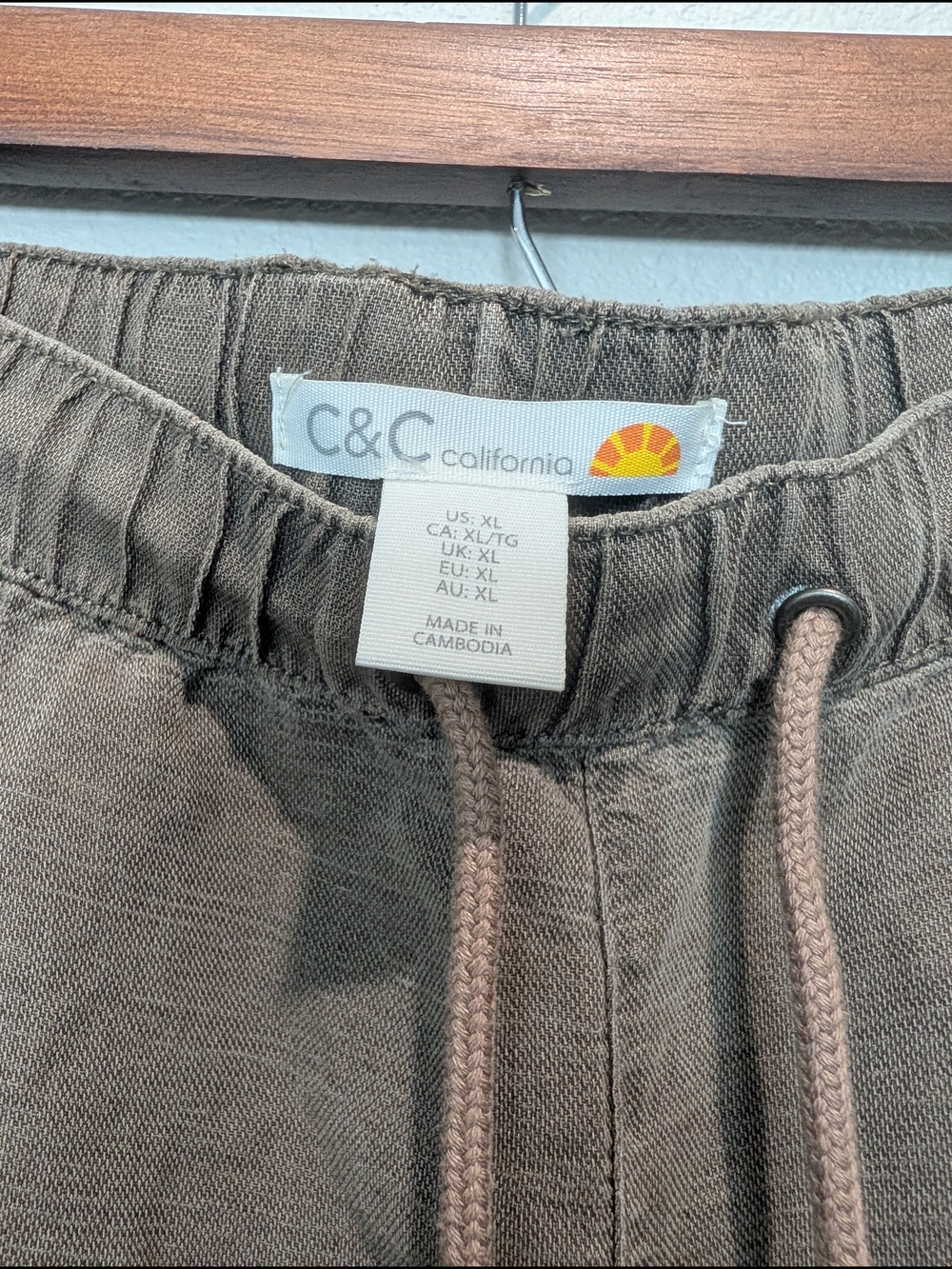 C&C California Linen Pants Draw String Elastic Waist Size XL Green Khaki Beach - Picture 4 of 8